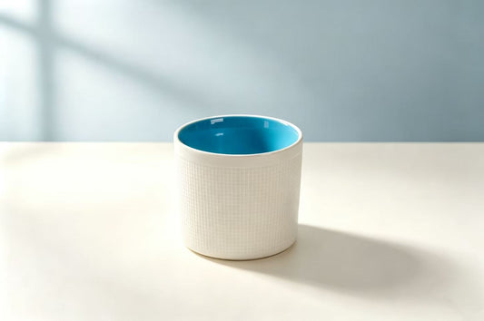 Pixel Art Embossed Ceramic Coffee Cup, Bright Blue Interior